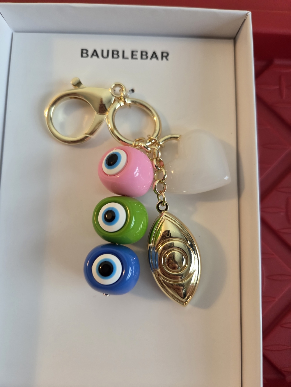 BaubleBar Gold Keychain with Pink, Green & Blue Evil Eye Beads